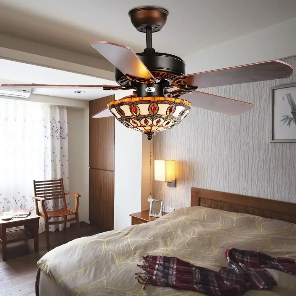 2025 Retro Restaurant Ceiling Fan With Light Colored Glass Ceiling Fan Home Remote Control Wooden Leaf High Wind Ceiling Fan Lig