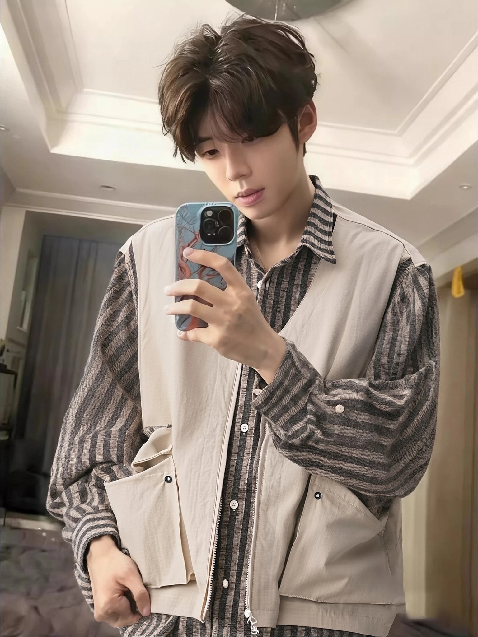 

Teenage Stripe Long Sleeve Shirt Men's New Chinese Style Patchwork Jacket Vest Outerwear Layering Shirt Spring Season