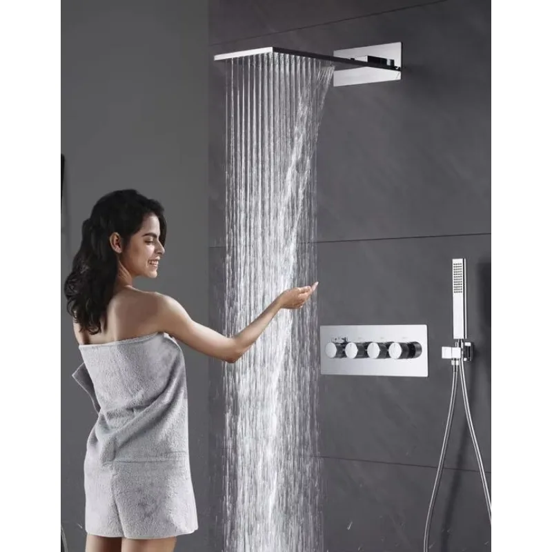 高級真鍮製壁掛け式三方向恒温レインフォール滝型隠しシャワーミキサーセット浴室シャワーシステム