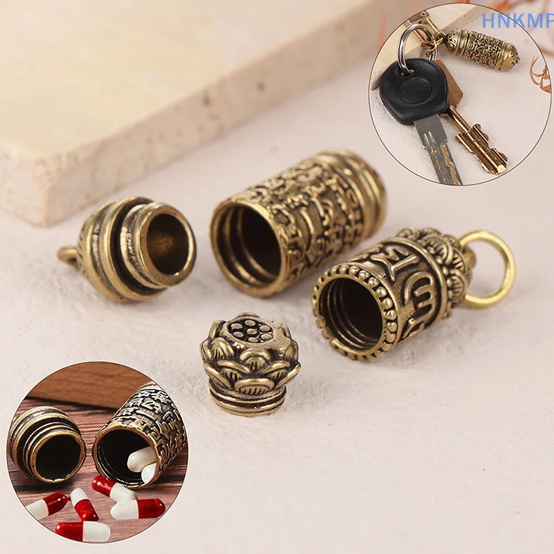 1Pc Brass Pill Box Hollow Buddha Sutra Cylinder Pendant Keychain Handmade Vintage Container Bottle