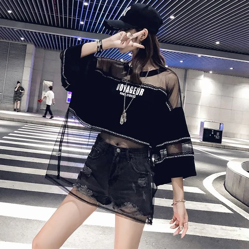 Splicing Mesh T-shirts Women 2024 Summer Hip-hop High Street Sexy Loose Tops Versatile Three-quarter Sleeve O-neck Tees Female