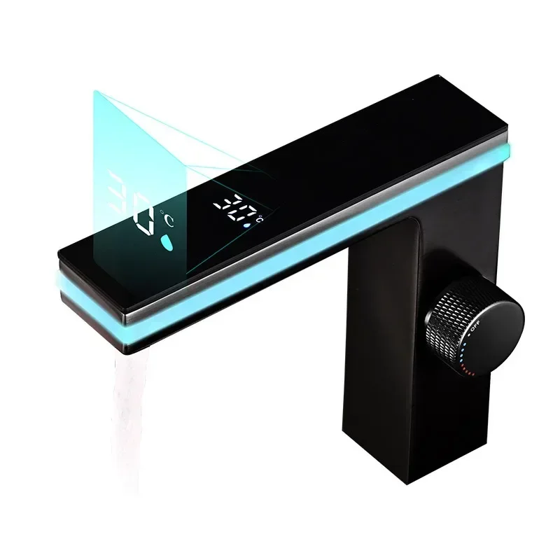 Excellent Ambient Light Digital Display Water Tap All-copper LED Intelligent Display Temperature Hot and Cold Water Basin Faucet