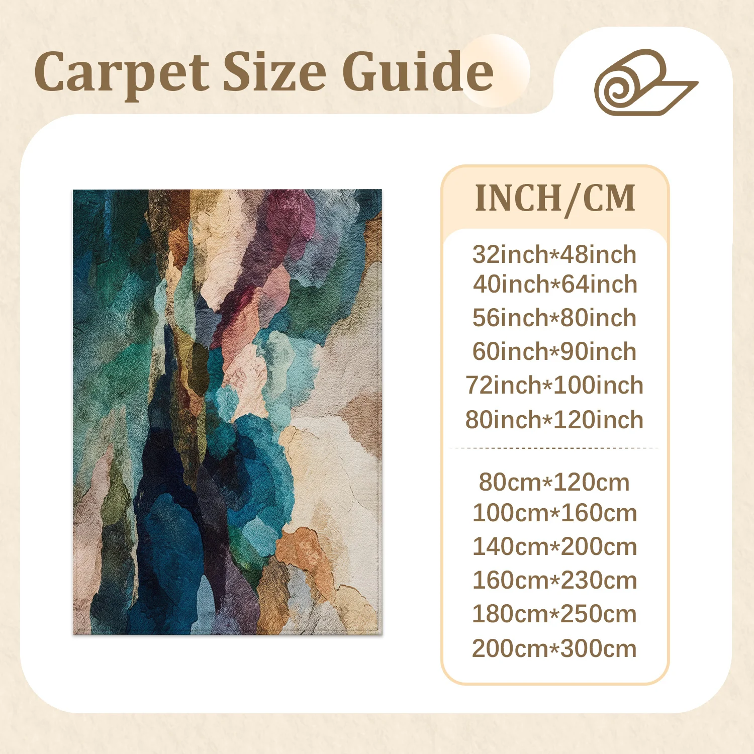 Large Indoor Area Rug – Soft Velvet Low Pile Rug with Non-Slip Dotted Backing, Machine Washable Abstract Painterly Multi-Color Teal & Beige Rug for Living Room, Bedroom, Dining Area