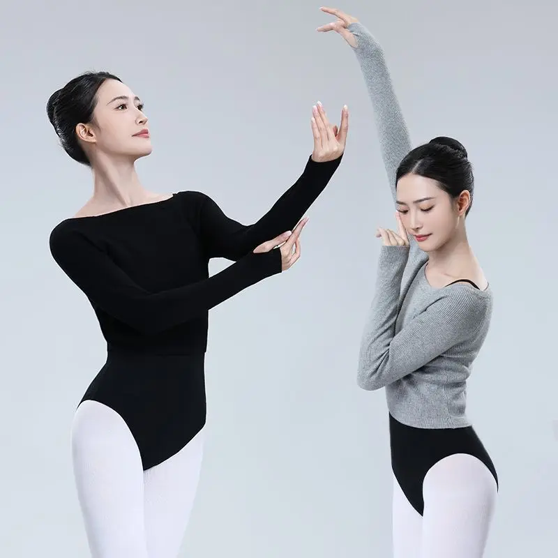 Women Ballet Dance Tops Gymnastic Warm Off Shoulder Long Sleeved Dance Sweater Autumn Winter Modern Ballet Wrap Coat