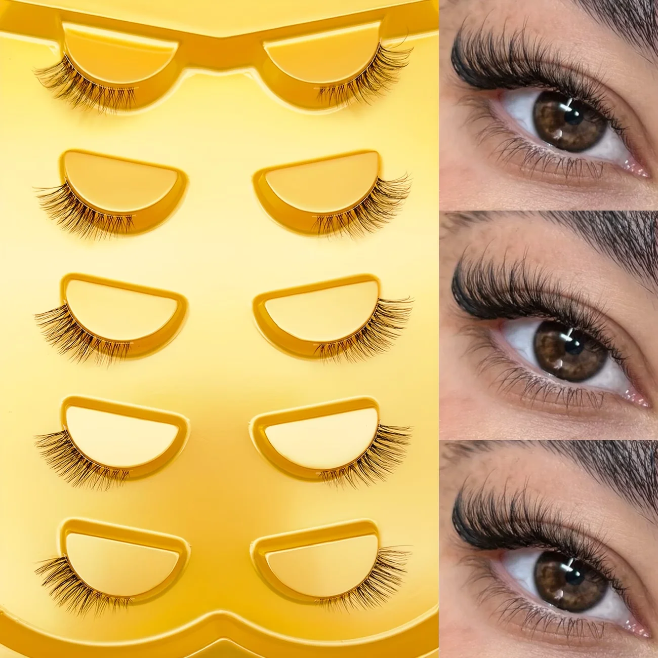Five Pairs of Half False Eyelashes for a Natural Look, Featuring a 10mm Elongated Cat-Eye Style with Transparent Stems