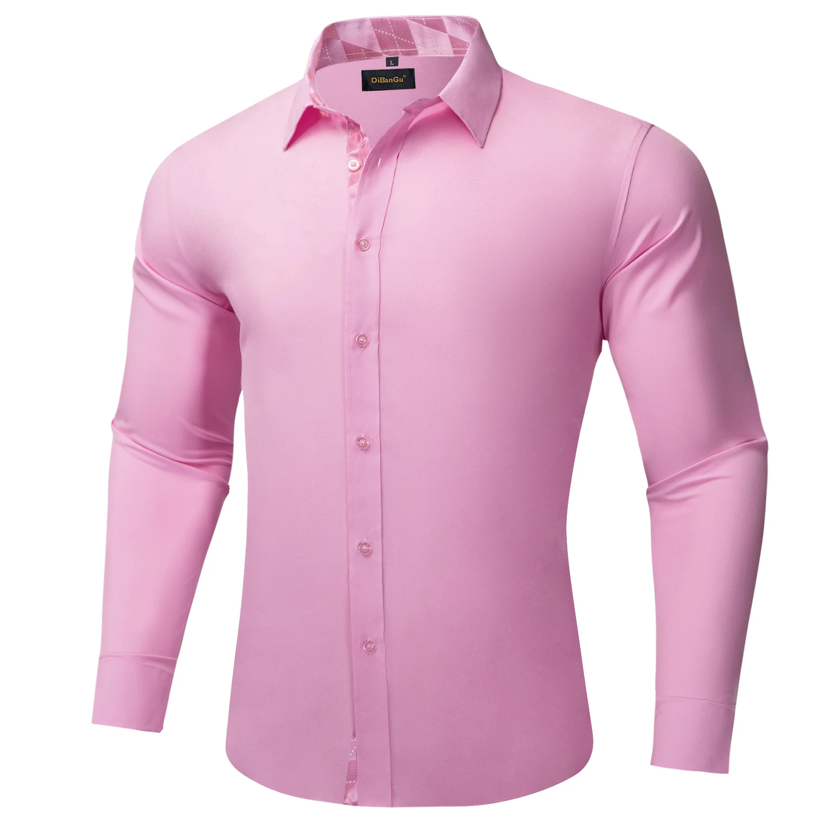 Pink Solid Men\'s Shirt Long Sleeve Turn Down Collar Designer Contrast Color Dress Shirts Fashion Brand Men Clothing Blouse