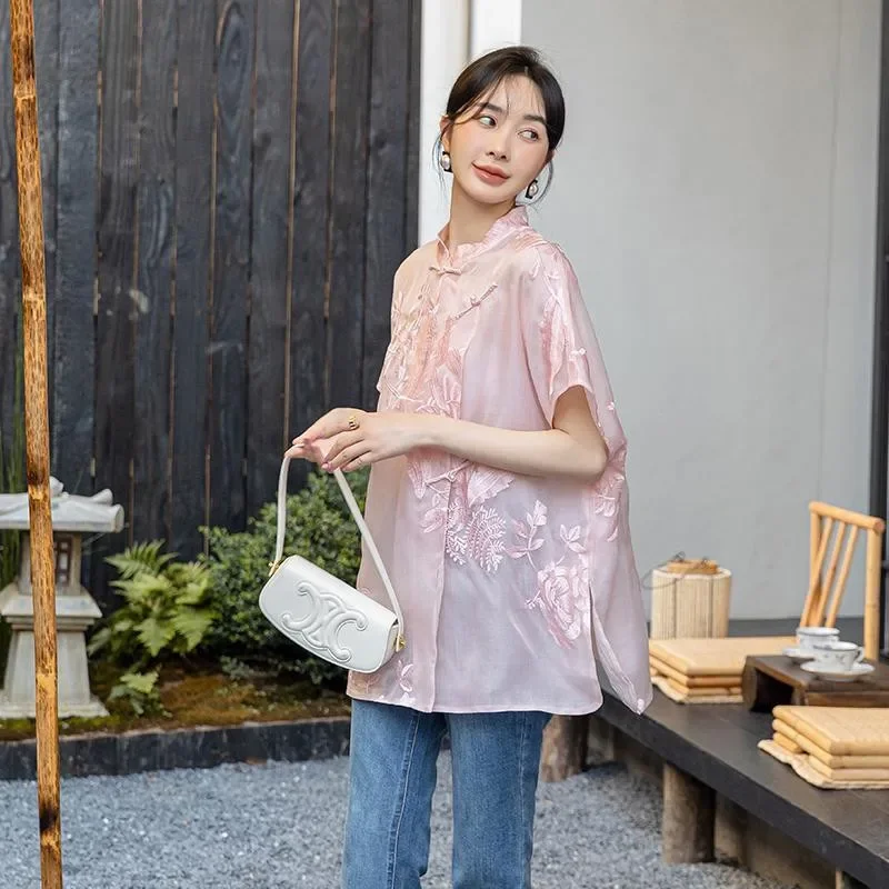 Chemisier ample Vintage pour femmes, Style chinois, broderie florale, col montant, bouton grenouille, chemises fines à manches courtes, nouvelle collection été 2025