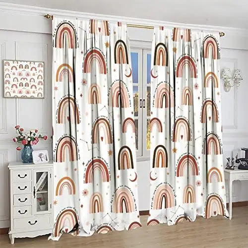 Boho Rainbow Window Curtains for Kids,Mid Century Modern Cute Bohemian Sun Moon Golden Stars Colorful Arch Print,Abstract Starry