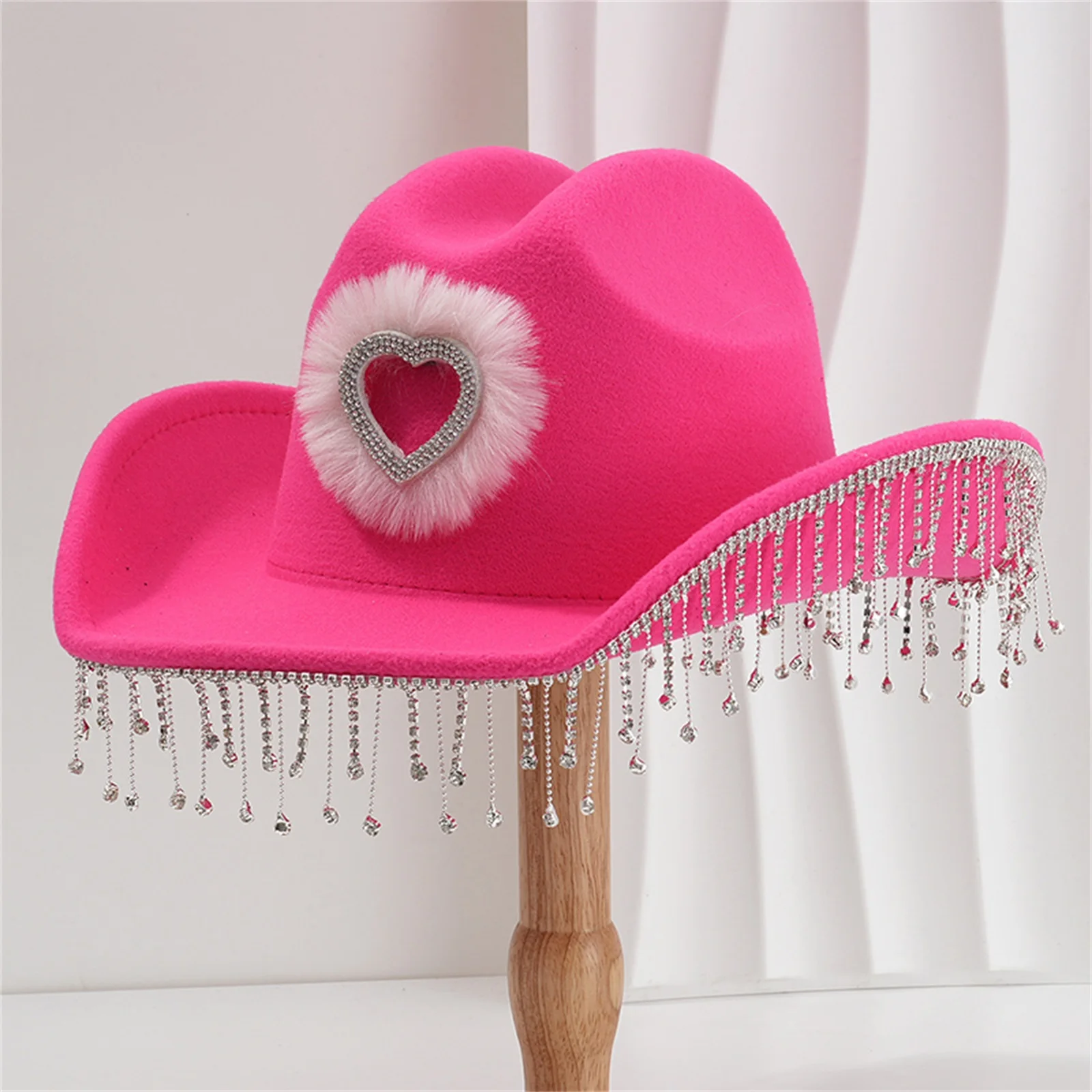 Rhinestone Tassel Trim Cowgirl Hat for Womens Fashion Wide Brim Western Bling Heart Pattern Cowboy Hats Themed Party Cap