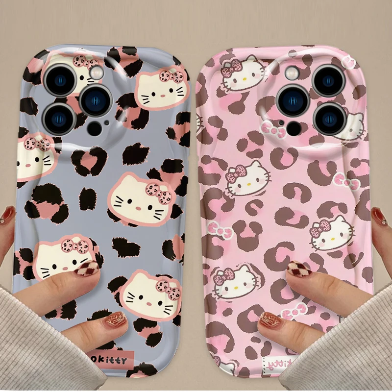 مرحبا كيتي ليوبارد طباعة سيليكون جراب هاتف آيفون 16 15 14 13 12 11 برو ماكس زائد 16E XR XS X 7 8 متموج للصدمات غطاء #1