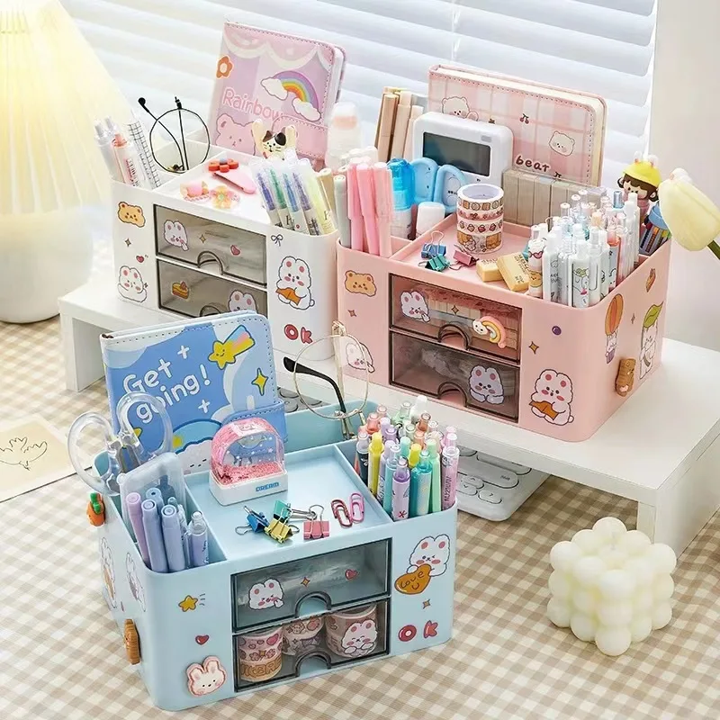 1PC Stationery Storage Box Student Dormitory Desk Office Pen Holder Drawer Type Multiple Compartments Dust Prevention