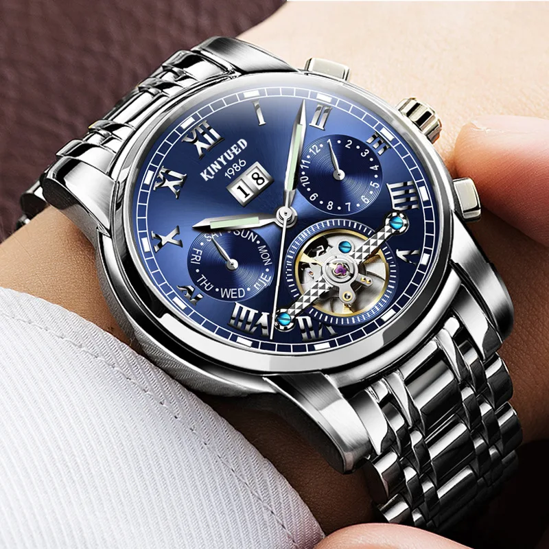 KINYUED Brand Luxury Tourbillon Mechanical Wristwatches Calendar Luminous Waterproof Automatic Watches for Man 2025 Montre Homme