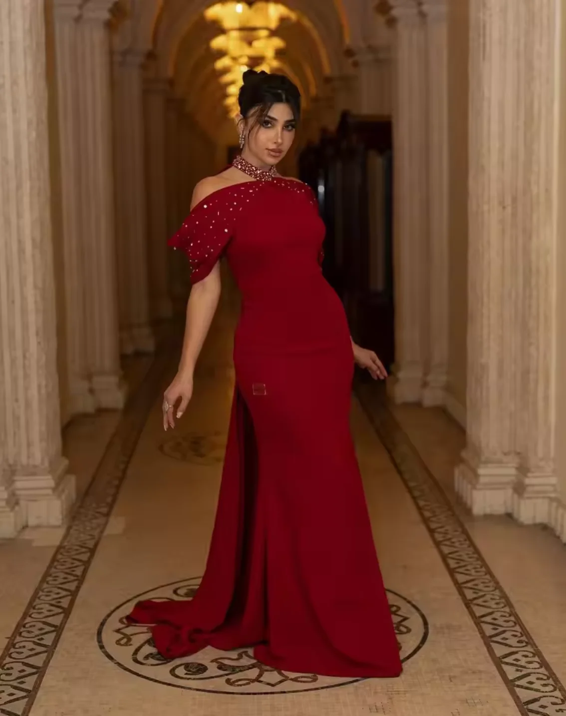 

Customized Dark Red Long Sleeves Prom Dresses Halter Neck Evening Gowns Pleated Ankle Length Party Dresses