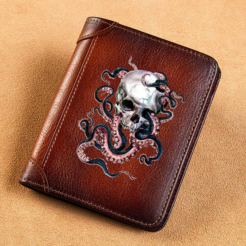 High Quality Genuine Leather Men Wallets Steampunk Octopus Skull Printing Short Card Holder Purse Luxury Brand Male Wallet