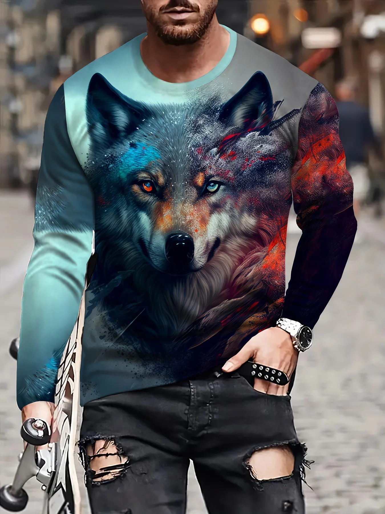 Men\'s T Shirt 3D Printed Wolf Pattern Tops Casual Comfortable Long Sleeve T Shirt Men\'s and Women\'s Fashion Summer T Shirt