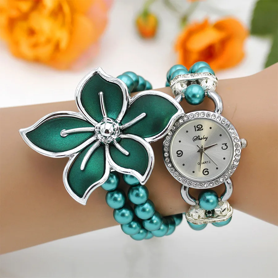 New Fashion Women Dress Watches Ladies Pearl Chain White Flower Bracelet Quartz Wristwatches Women Rhinestone Watches