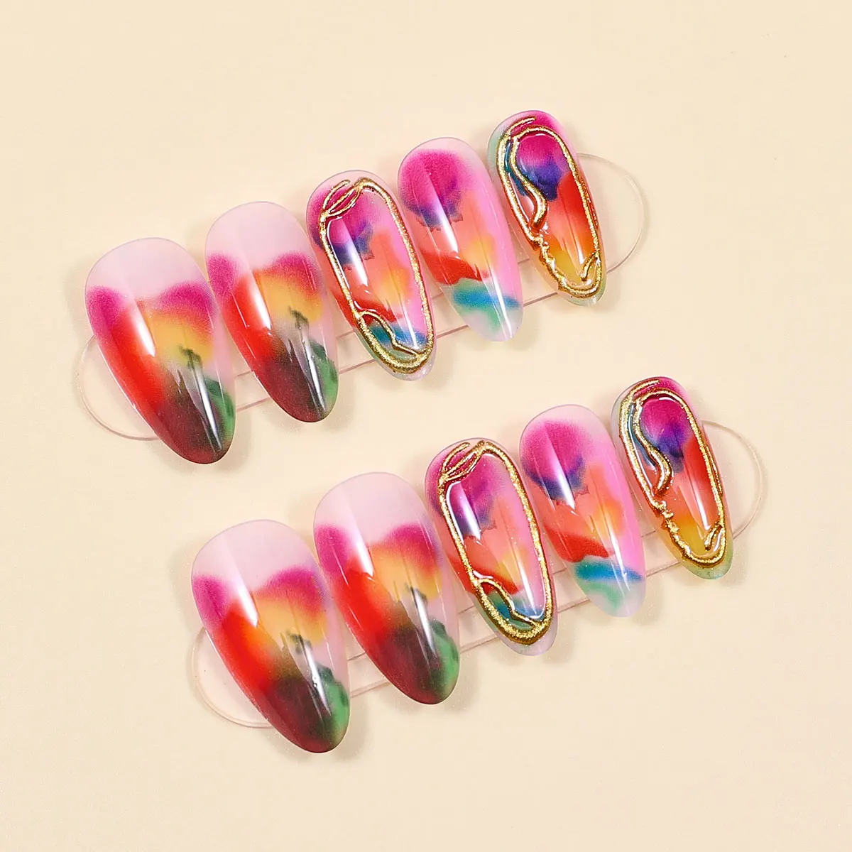 Goud Druk op Nagels Ombre Fake Tips 3D Waterrimpel Lijm op Nagel Korte Amandel Valse Nagel met Strass Ontwerp Glanzende Tips