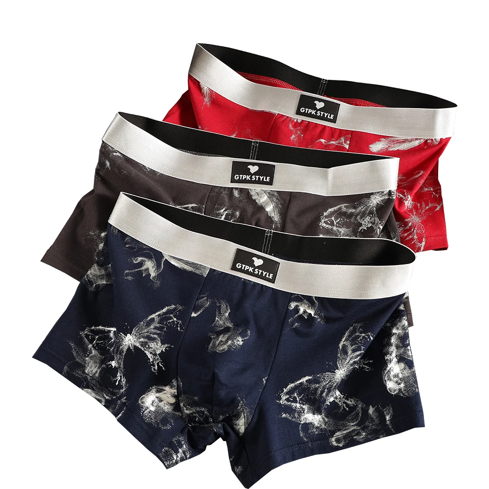 

3PCS/Pack 100% Cotton Fashion Butterfly Print Men's Panties 3D Breathable Hygroscopic Mesh Pouch Boxers High Elastic Underwear