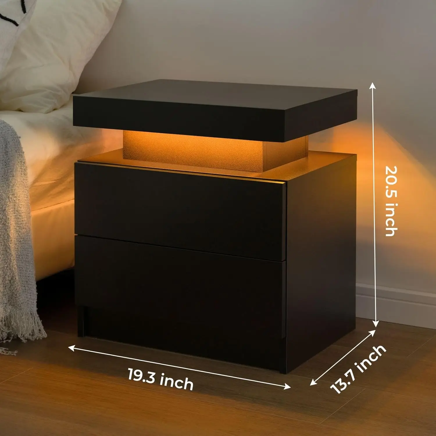 Bedside Table with 2 Drawers, LED Nightstand Wooden Cabinet Unit with Lights for Bedroom, Living Room, Black