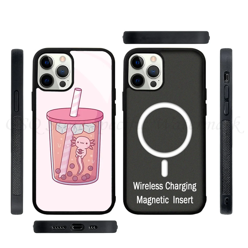 Cute Axolotl Swimming In Bubble Tea Phone Case Strong Magnetic For IPhone 15 14 13 Pro Max 11 12 Mini Alex Mirror For Magsafe