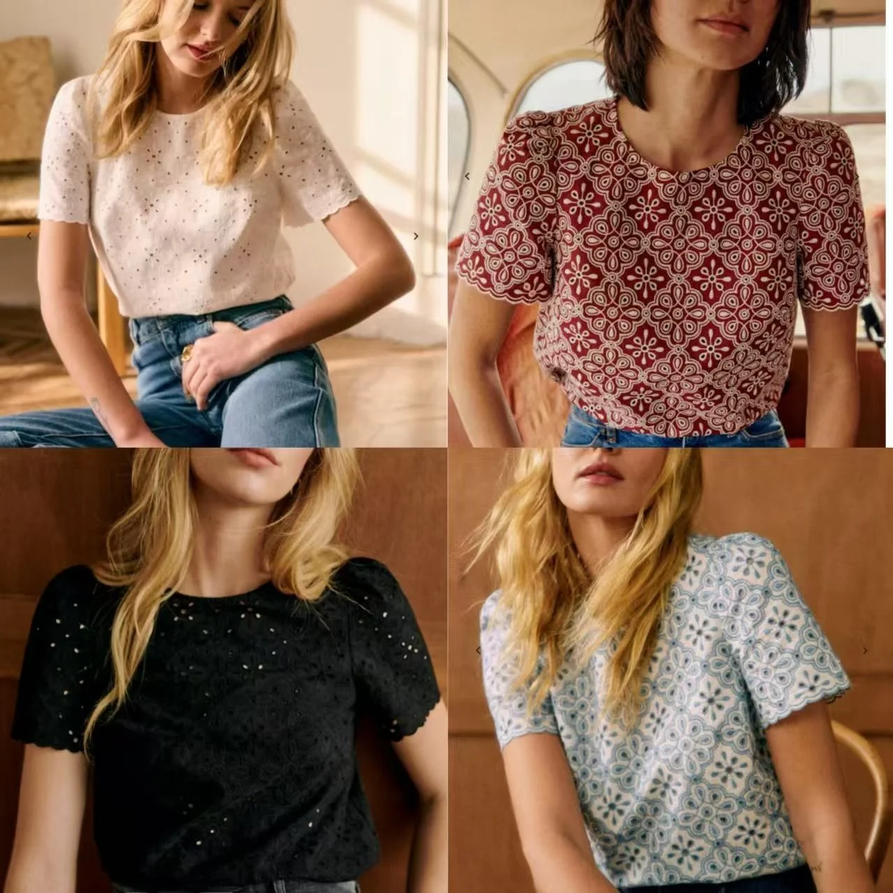 

Женская хлопковая футболка с вышивкой и вырезами, свободного кроя, с коротким рукавом, в французском стиле, для коррекции фигуры