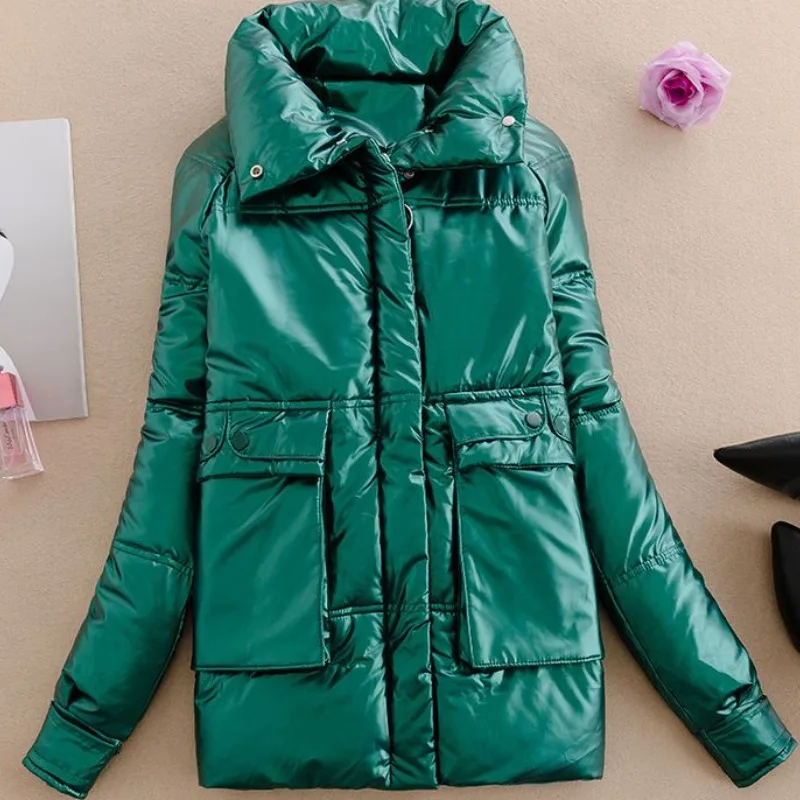 

2023 New Women Cotton Coat Winter Jacket Female Short Loose Leisure Parkas Glossy Outwear Simple Commuter Warm Overcoat