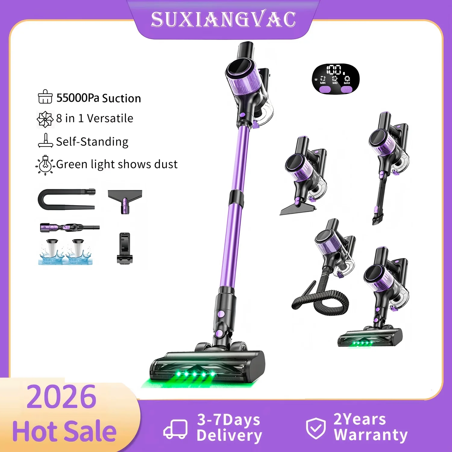 10-in-1 Cordless Vacuum Cleaner ,55KPa 500W Stick Vacuum Lightweight Handheld Cleaner ,Up to 40 Minutes Runtime, Self-Standing Design,LED Display for Home Car, Carpet and Pet Hair
