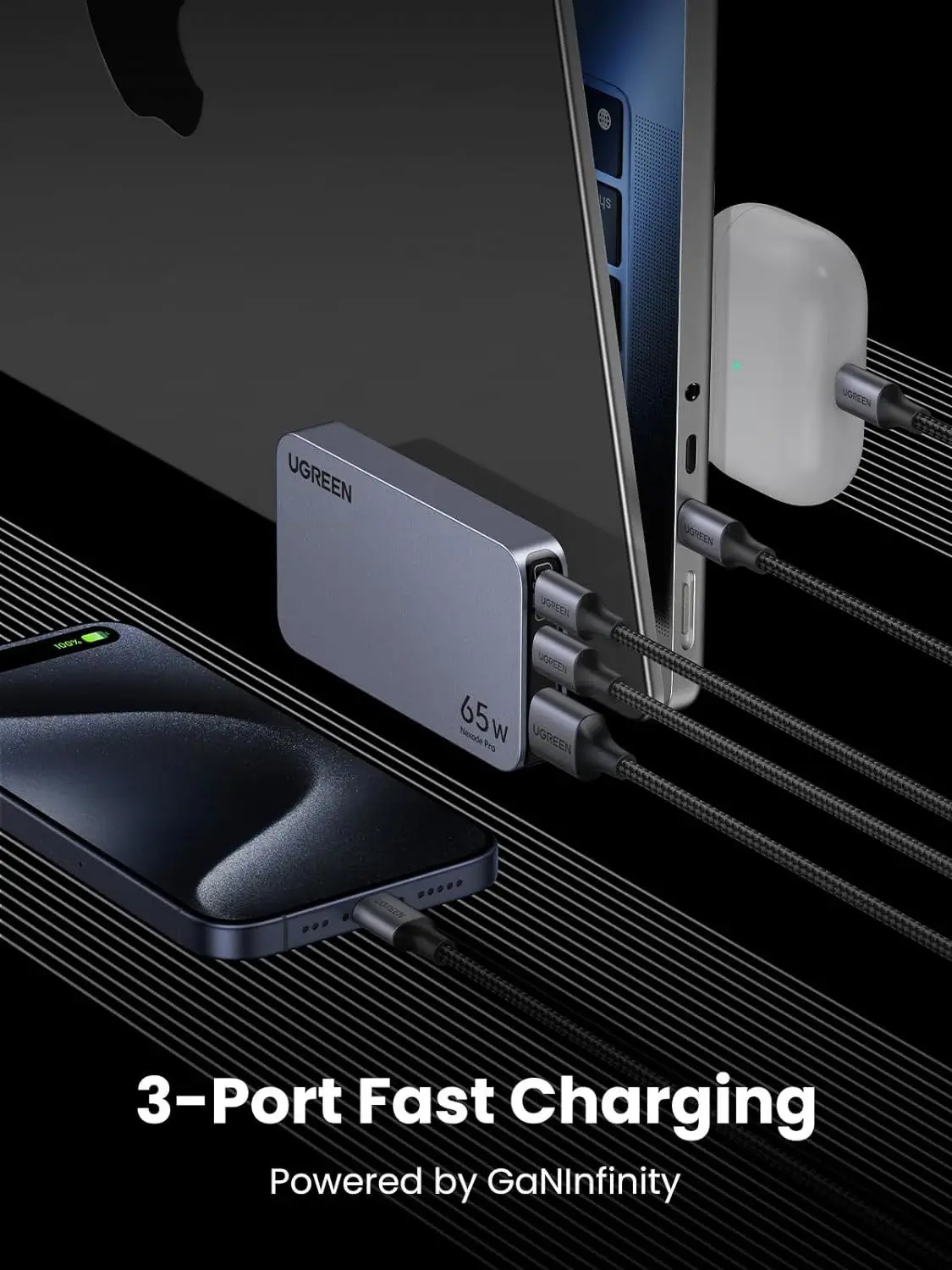 UGREEN Nexode Pro 65W USB C Charger Flat 3-Port Ultra-Slim GaN Compact Fast PPS Wall Charger for MacBook