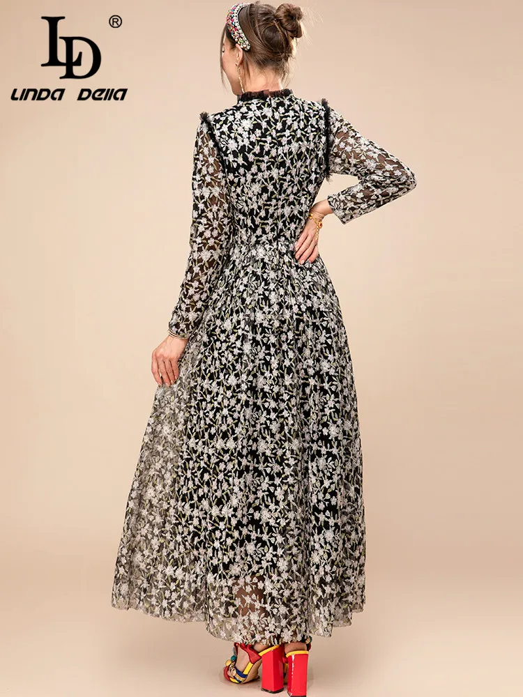 LD LINDA DELLA 2023 New Spring Runway Mesh Dress Women Long sleeve Floral Embroidery Black Vintage Elegant Party Long Dress