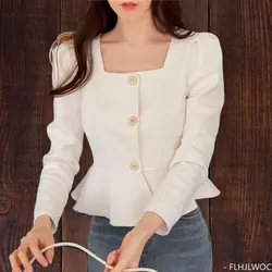 Ruffles Peplum Crop Tops New Design 2024 Spring Short Shirts Office Lady Women Cute Sweet Japan Girls Date Button Blouses