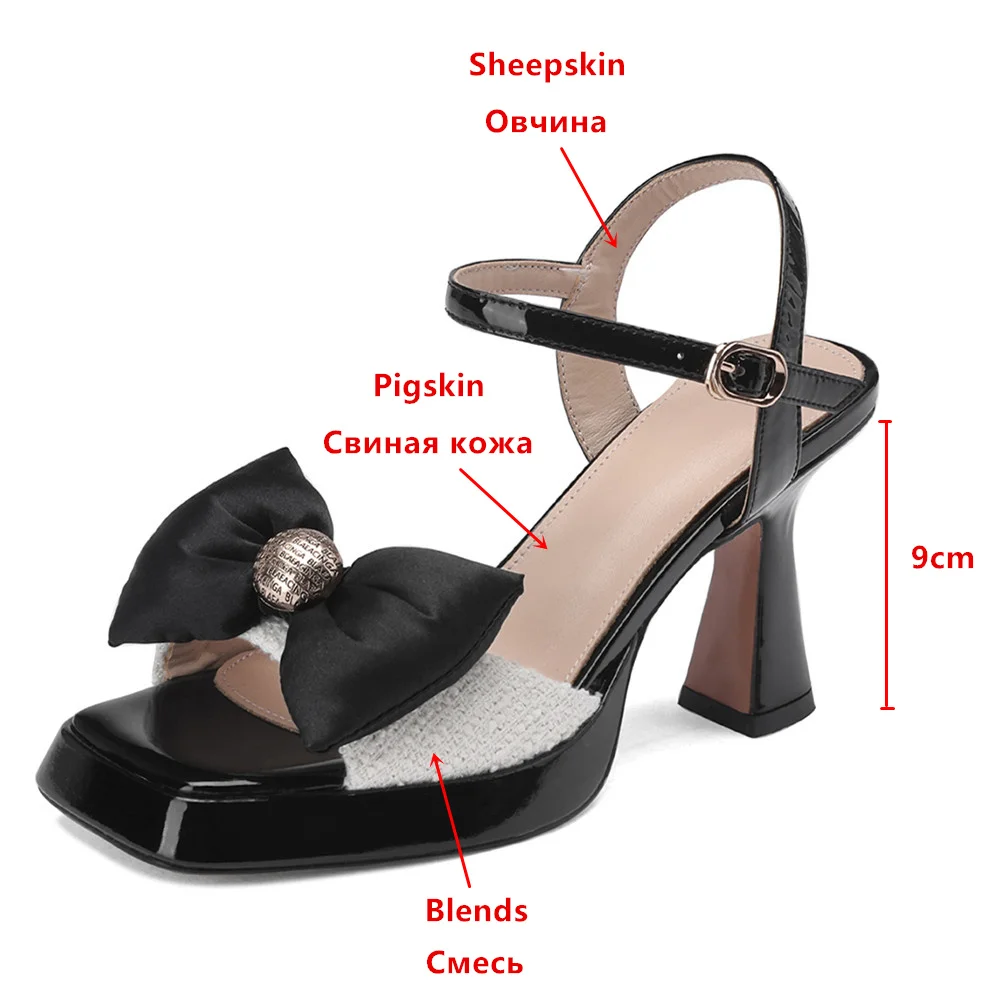 MILI-MIYA New Arrival Women Kitting&Cow Leather Splicing Sandals Butterfly Knot Thick Heels Big Size 34-40 Dress Party Summer