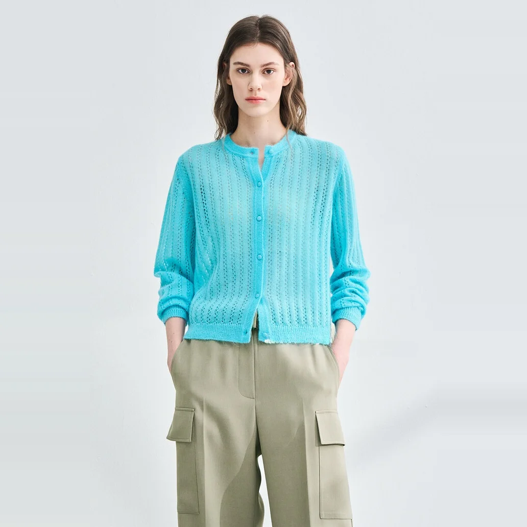 

Commuter Sle Knitted Woolen Open Cardigan round Ne Hollow out Elastic Lazy Faion Women's Top V-Ne Long Sve Spring