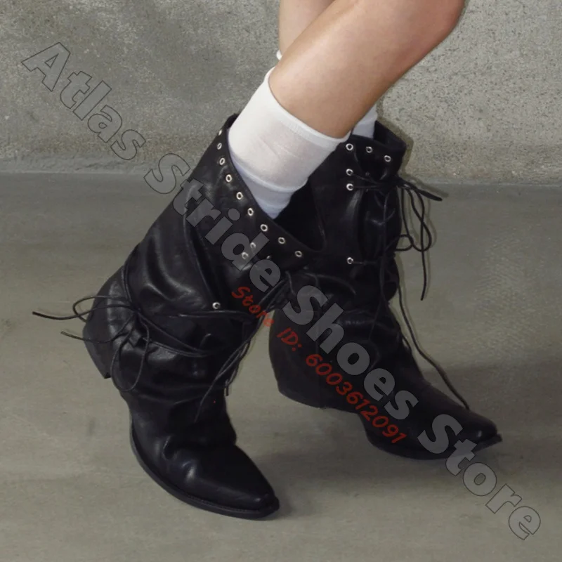 Black Slouchy Western Mid Calf Boots Pointed Toe Block Heel Eyelet Lace Up Adjustable Stacked Shaft Distressed Faux Leather Boot