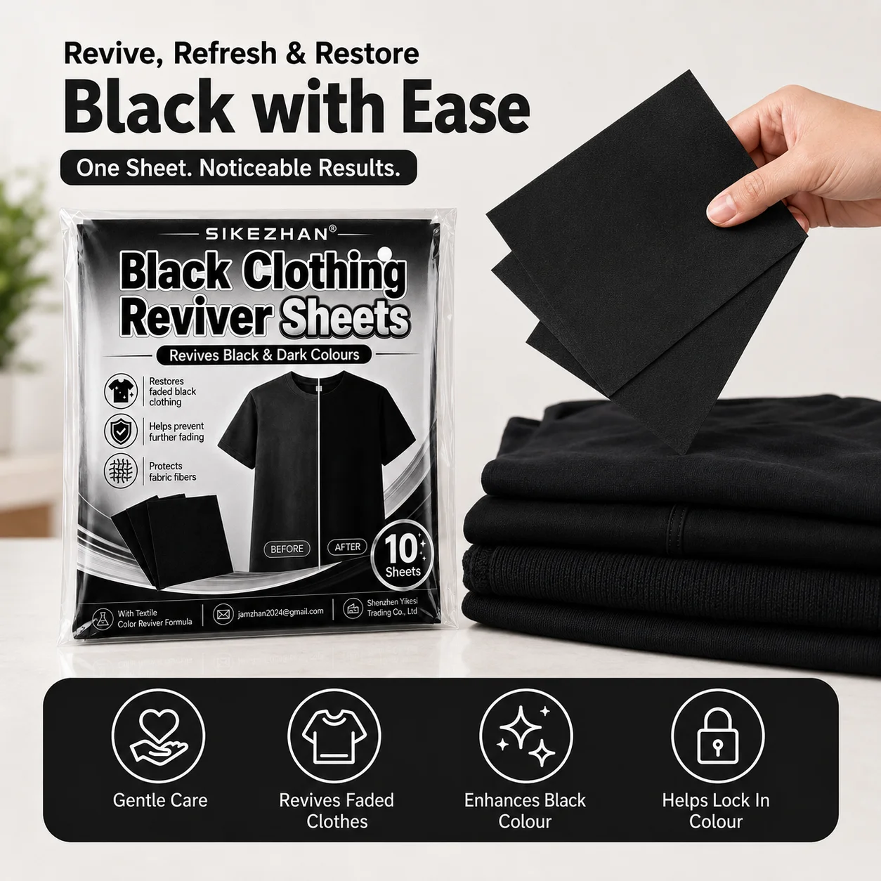 SIKEZHAN 80PCS Black Clothing Reviver Sheets, In-Wash Colour Restorer for Faded Black Clothes, T-Shirts, Jeans and Dark Laundry
