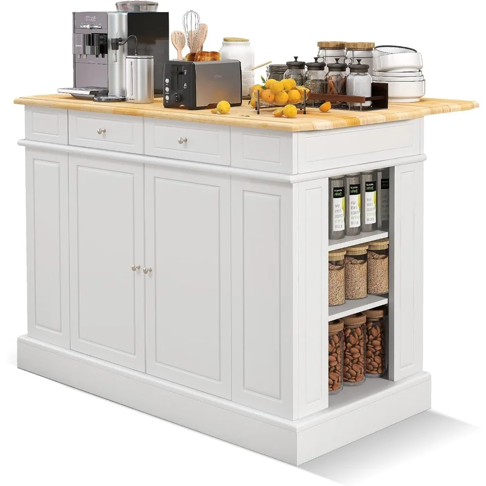 

Kitchen Island Drop Leaf Breakfast Bar with Rubberwood Top, Storage Cabinet, 2 Drawers, Adjustable Shelves, and Spice Racks