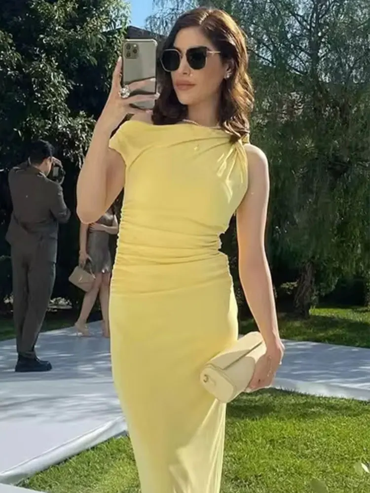 Hh elegante vestido amarelo para mulheres sem mangas drapeado midi vestidos sexy fora do ombro vestido de noite y2k verão férias vestidos