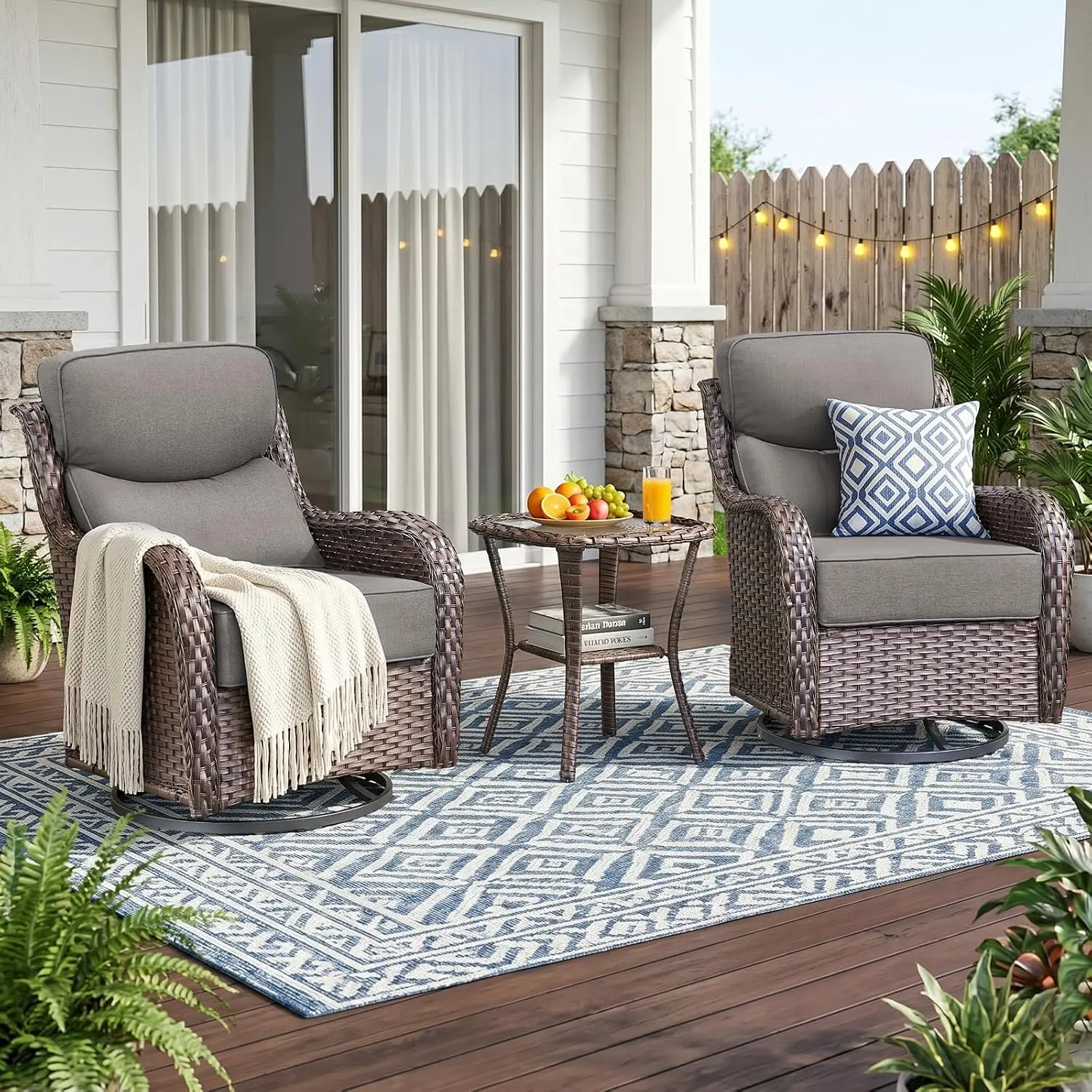 High Back Swivel Rocker Chair Set with Table & 6-Inch Cushions, 3-Piece Outdoor Furniture for Porch Balcony Yard, Customized