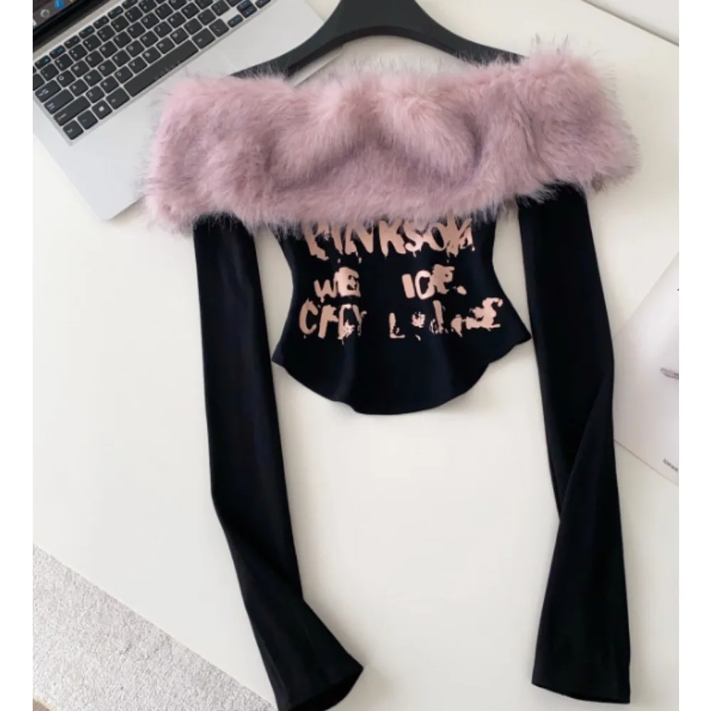 vintage Long Sleeve T-shirt slash neck Women print korean fashion Shirt Female Tops women clothing