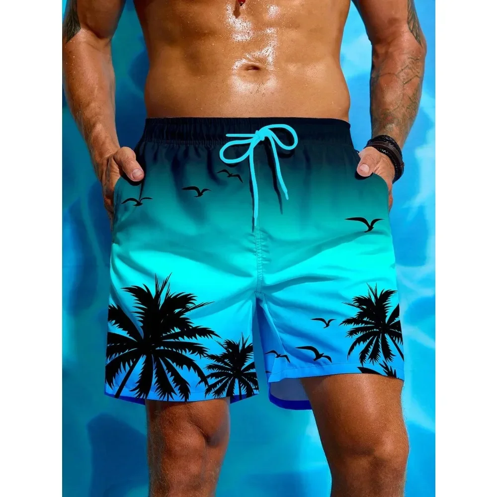 Summer Vacation Men's Palm Tree Print Drawstring Waist Board Shorts Fashion Swim Trunks 3D Print Breathable Short Streetwear