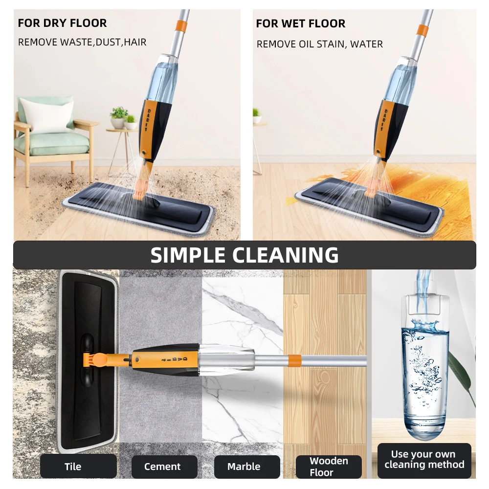 DARIS Spray Floor Mop with Reusable Microfiber Pads 120cm Long Handle Flat Mop For Home Kitchen Laminate Tiles Floor Cleaning