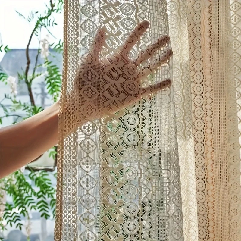 Beige Circular Striped Lace Curtains, Living Room, Bedroom, Balcony Curtains, Party Window Decorations