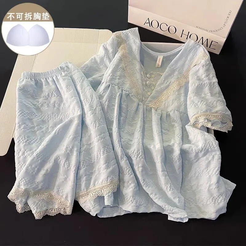 Womens Lace Trim Short Sleeve Pajama Set with Built-in Bra