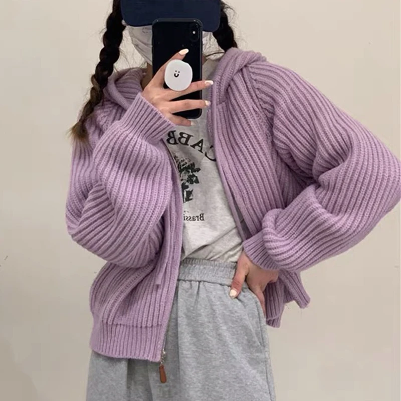 

Autumn Winter New Hooded Cardigan Casual Loose Long Sleeved Short Knitted Jacket Sweet Zipper Top Elegant Solid Color Knitwear