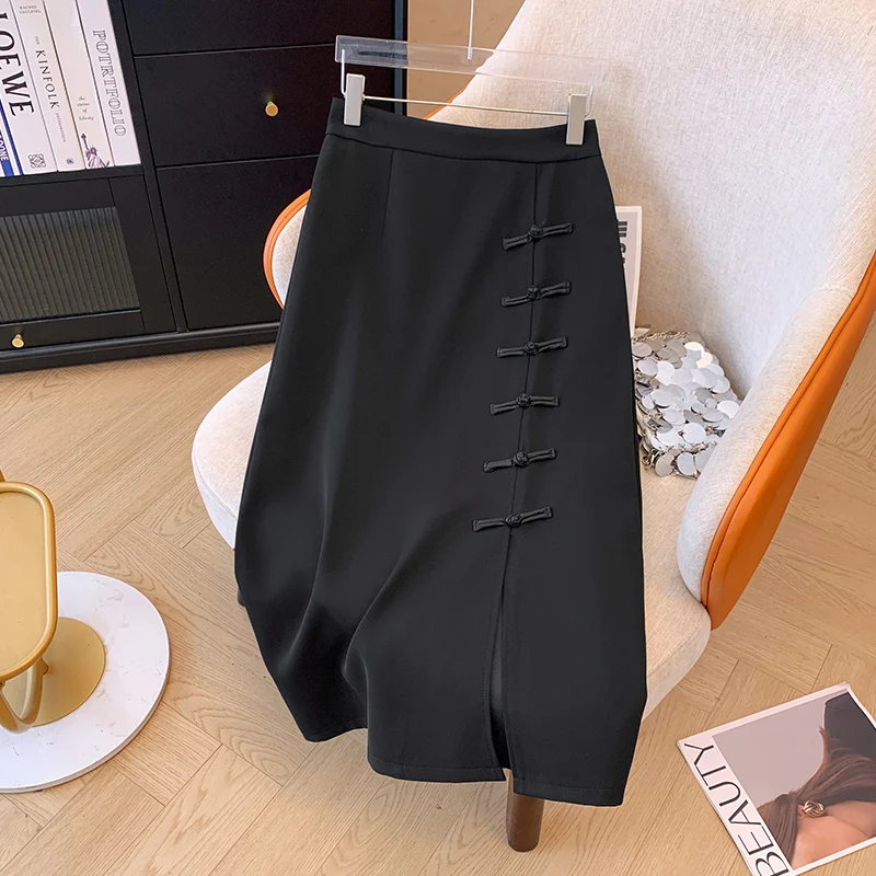 Skirts for Women Chinese Style Black Skirt Split Button Wrap Buttocks Skirt Mid Length High Waisted Skirt Vintage Women Clothing