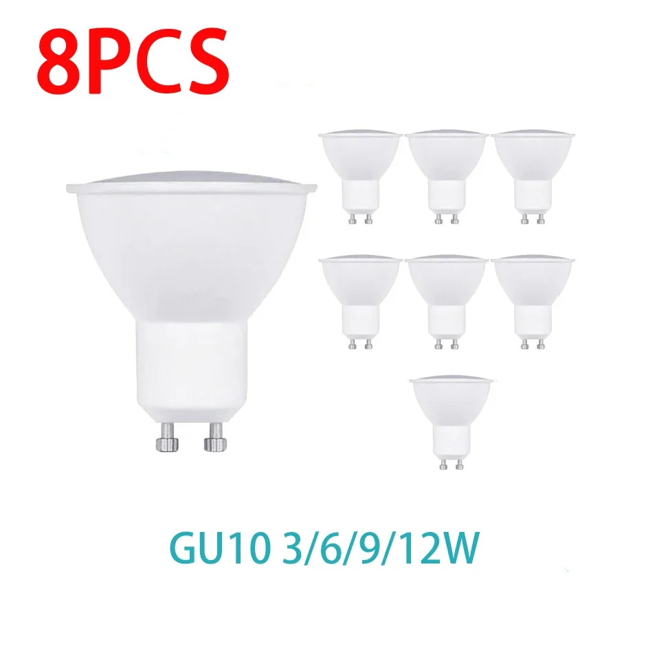 8PCS GU10 LED Spotlight Bulb AC220V 3W 6W 9W 12W  Indoor Lighting Bulb Easy To Install Suitable For Kitchen Living Room