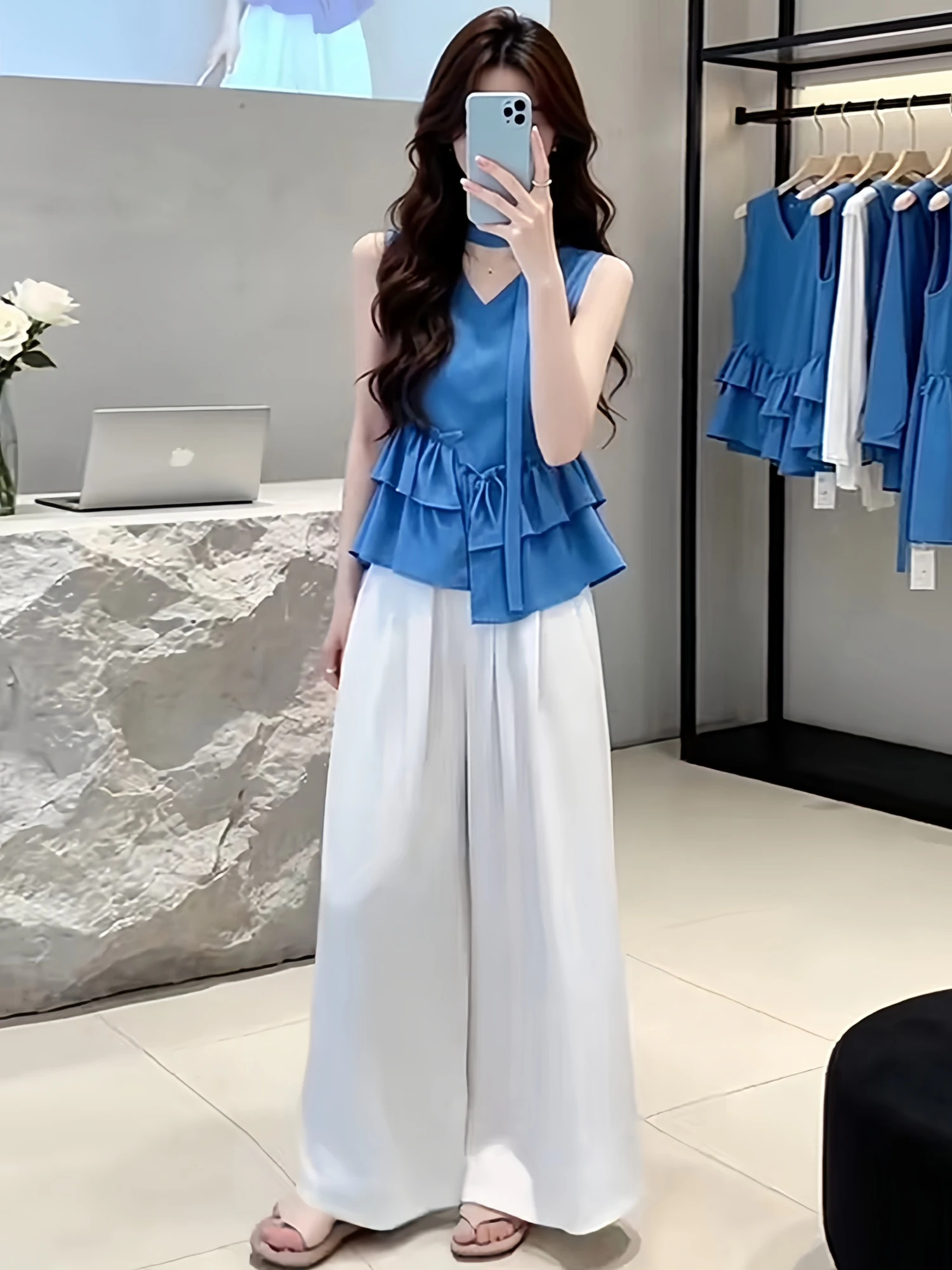 

Blue Summer Women's Sleeveless Vest Top And Wide Leg Pants Two-Piece Set Casual Loose Fit High Waist Breathable T-Shirt Style