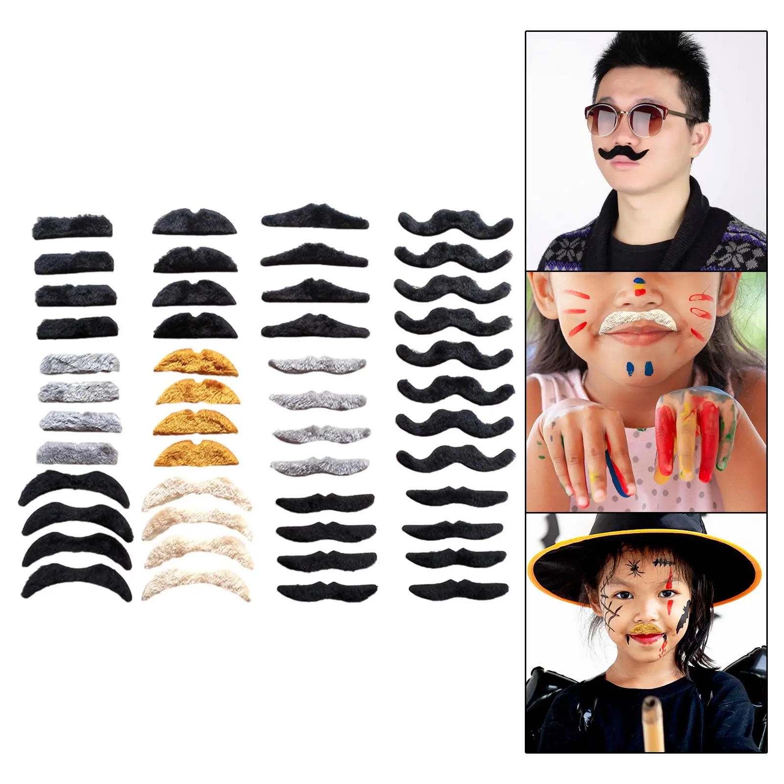 

48Pcs Fake Mustaches Set Simulation Beards Novelty Fake Beard for Party Supplies Halloween Children Adults Role Playing Festival