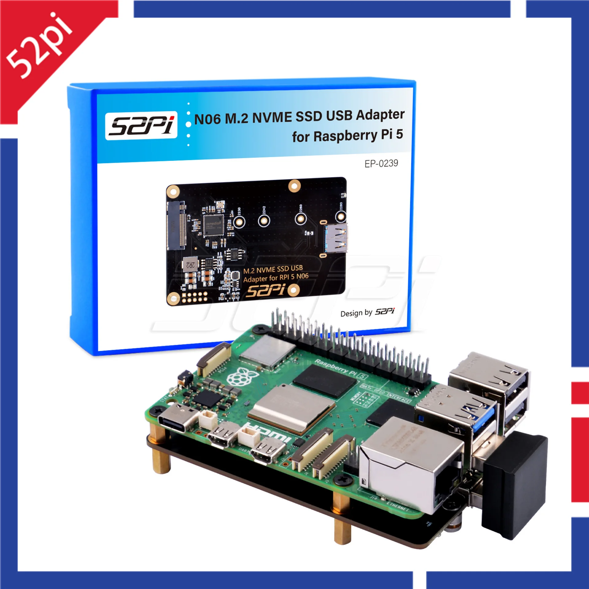 52Pi N06 M.2 NVME SSD USB Adapter for Raspberry Pi 5 2230/2242/2260/2280
