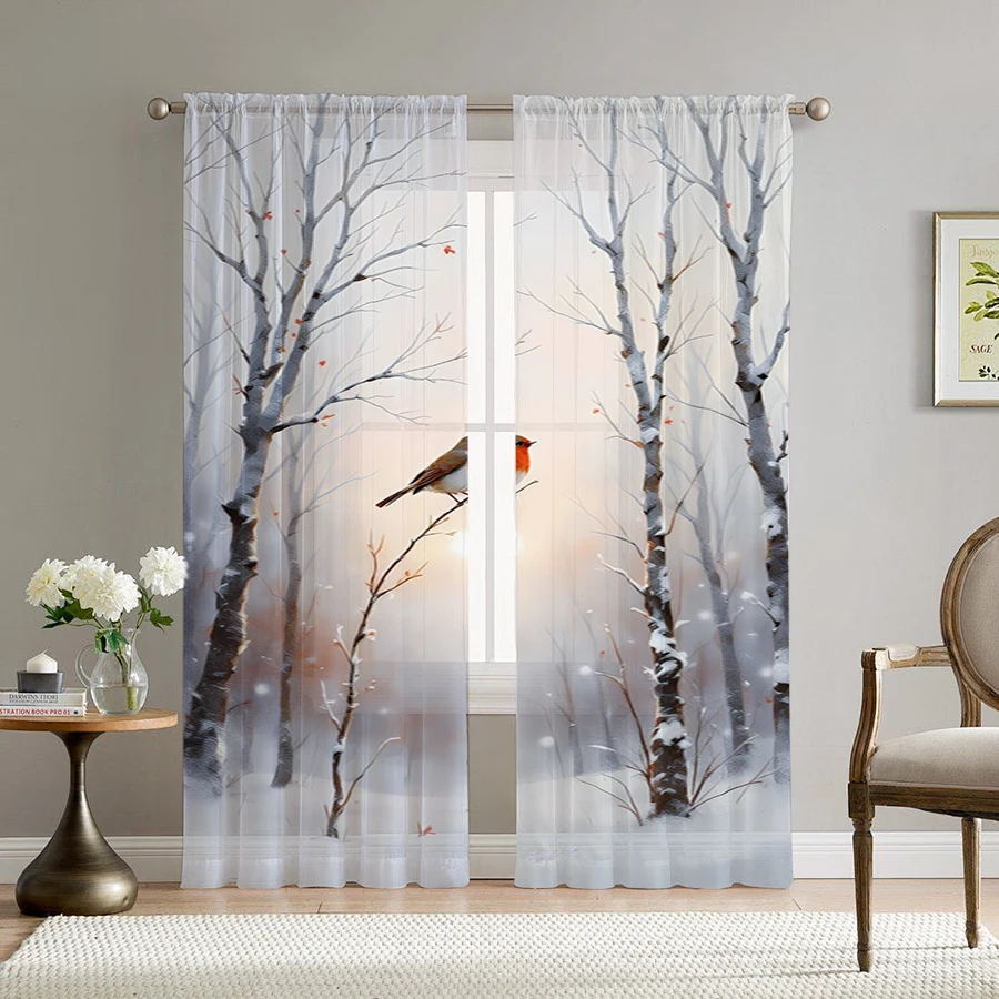 2PCS Christmas Winter Sheer Curtains, Birch Tree Robin, Digital Print, Bedroom Living Room, Rod Pocket Polyester, Home Decor