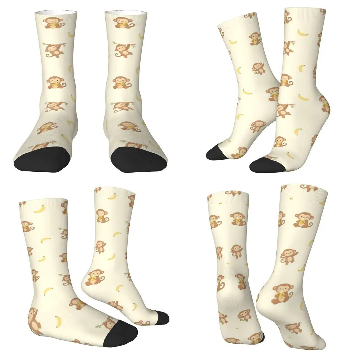 All Seasons Crew Stockings Cartoon Monkey With Leaves Pattern Socks Casual Long Socks for Men Women Valentine's Day Gifts